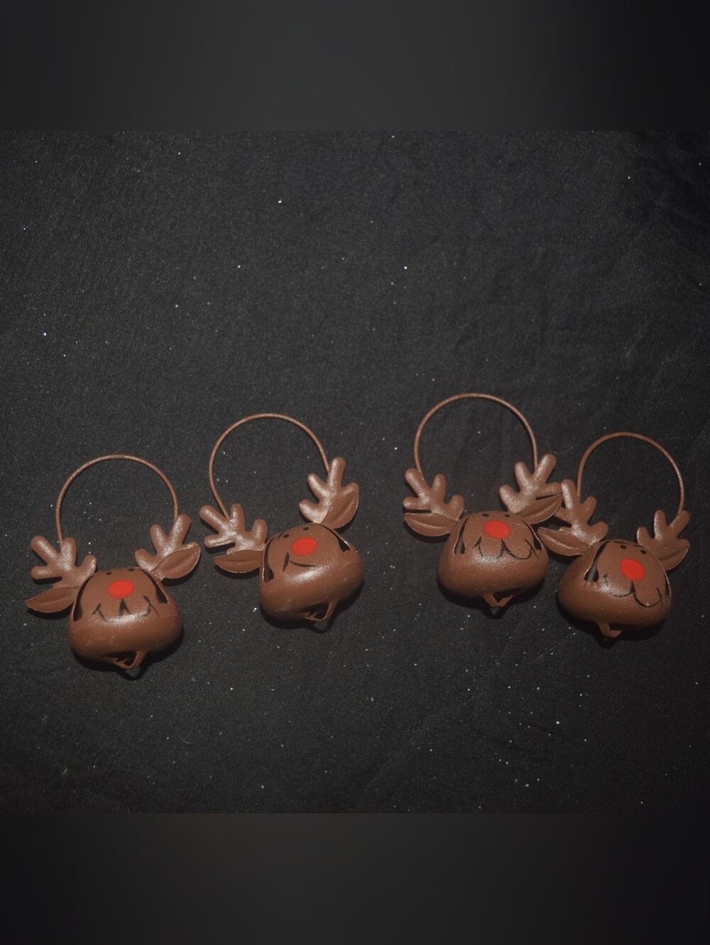 Set of 4 Rustic Lodge Brown Metal Reindeer Sleigh Bell Ornaments NWT